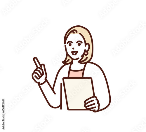 バインダー片手に解説する女性。アドバイスを出すビジネスパーソンのイラスト素材。