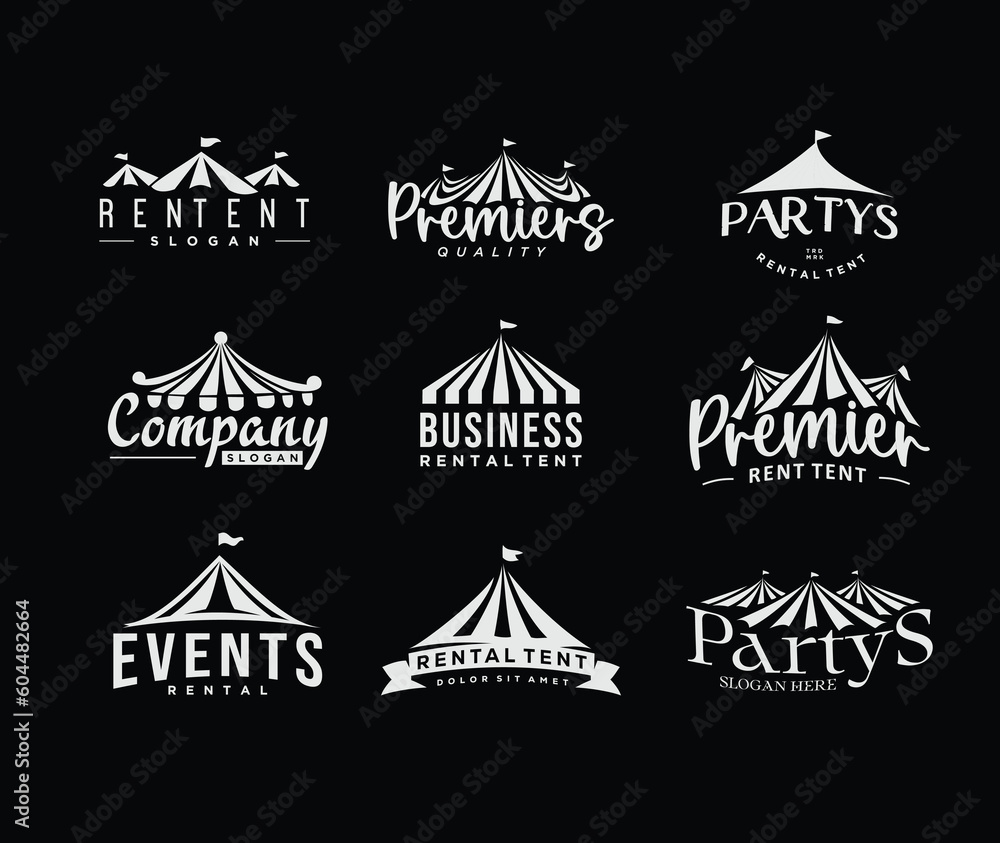 collection set of Logotype for rent tents agency. Event tent and wedding tent Vector illustration - obrazy, fototapety, plakaty 