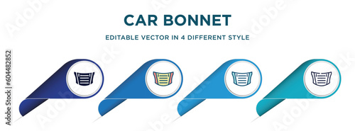 car bonnet icon in 4 different styles such as filled, color, glyph, colorful, lineal color. set of vector for web, mobile, ui