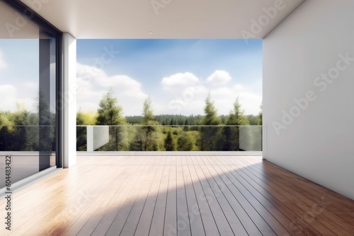 white wood modern light interior design wall window render empty room. Generative AI. © VICHIZH
