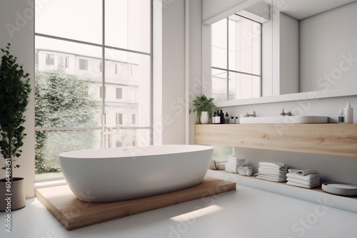 bathtub architecture home interior house bathroom white modern faucet wood luxury. Generative AI.