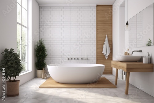 white interior home luxury modern bathtub illustration wood house architecture bathroom. Generative AI.