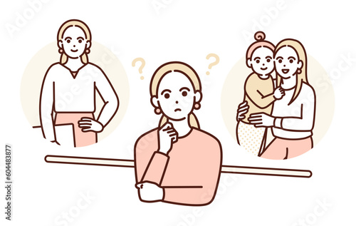 仕事と生活の調和について考える働くお母さんのイラスト素材。