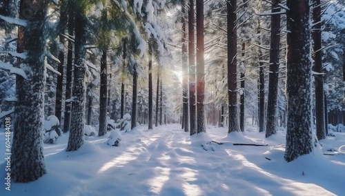 Winter in a spruce forest, spruces covered with white fluffy snow. Selective focus generative ai variation 2