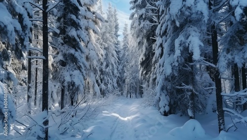 Winter in a spruce forest, spruces covered with white fluffy snow. Selective focus generative ai variation 5
