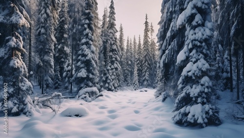Winter in a spruce forest, spruces covered with white fluffy snow. Selective focus generative ai variation 8 © Abdul