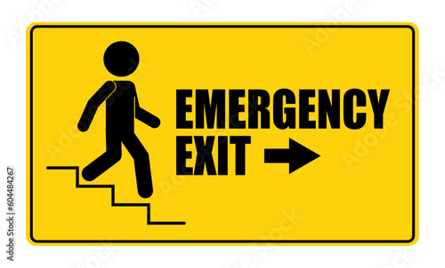 Printable design label sticker of black stick man walking or climbing down stair or ladder with handrail with emergency exit way in square rectangle yellow background, for safety building sign