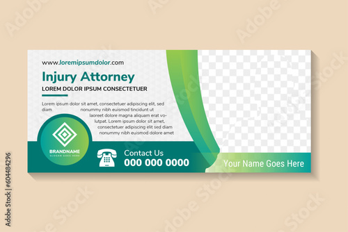 Law, justice and prosecution horizontal banners vector illustration. the headline is Injury attorney. horizontal layout with triangle pattern in grey. space for photo. green gradient colors element.