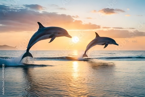 A playful pod of dolphins jumping out of the water © Being Imaginative