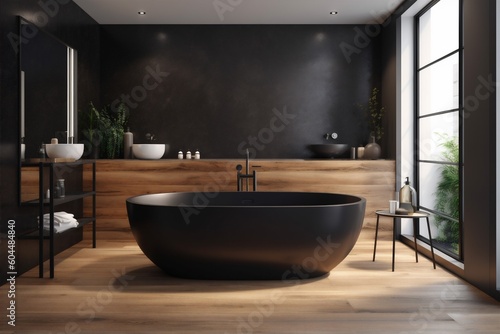 bathtub black interior bathroom wood architecture luxury design home furniture modern. Generative AI.