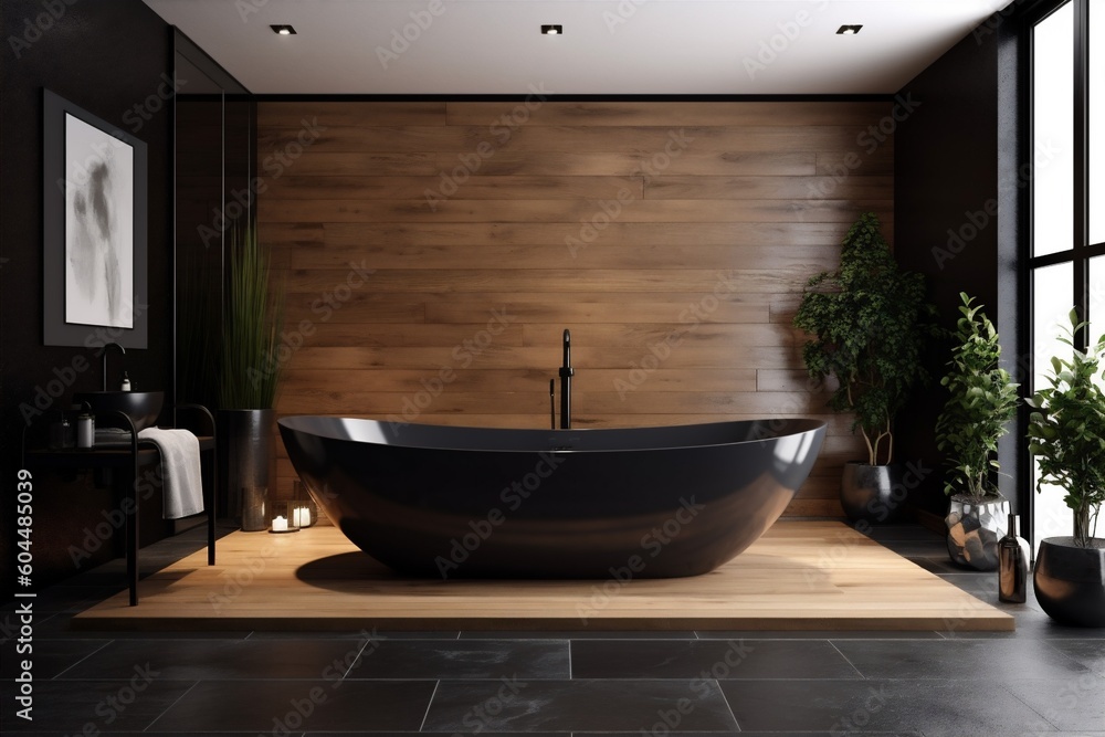 wall modern bathtub interior bathroom furniture wood home design black luxury. Generative AI. wall modern bathtub interior bathroom furniture wood home design black luxury. Generative AI.