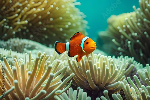 Fototapet A colorful clownfish swimming among the anemones