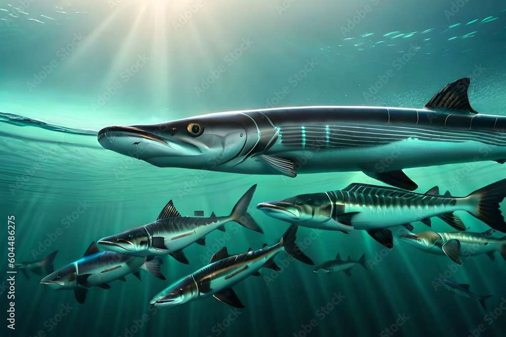 A school of barracudas swimming through the water A school of barracudas swimming through the water