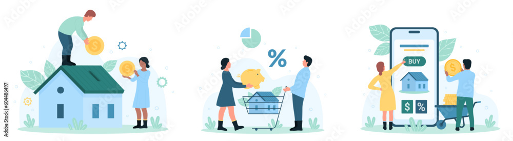 Real estate investment set vector illustration. Cartoon tiny people invest money in property and ownership, holding coins, shopping cart with home apartment, couple click on buy button in mobile app Real estate investment set vector illustration. Cartoon tiny people invest money in property and ownership, holding coins, shopping cart with home apartment, couple click on buy button in mobile app