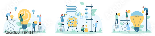Business teamwork, idea funnel and innovation set vector illustration. Cartoon tiny people throw money to fill light bulb together, press power button on electric lamp, work to get creative results