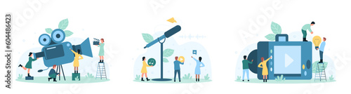 Movie and video production, television set vector illustration. Cartoon crew of tiny people shooting film with camera in studio, staff characters broadcasting with microphone, making news show