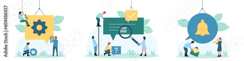 Notification messages set vector illustration. Cartoon tiny people holding bubbles with text of SMS or email, information or chat conversation in social media, sound reminder bell or support chatbot