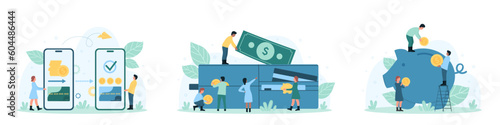 Money transaction, payment and investment set vector illustration. Cartoon tiny people transfer, receive and send money with mobile app in phone and electronic wallet, save gold coins in piggy bank