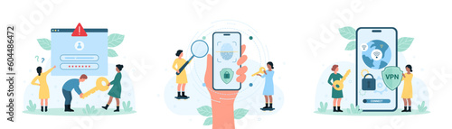 Online security set vector illustration. Cartoon tiny people with magnifying glass use fingerprint identification for safe verification and access to account on phone screen, secure VPN connection