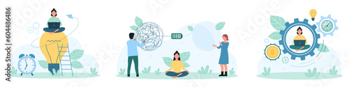 Productivity in problem solving set vector illustration. Cartoon tiny people solve difficult issues with smart solutions  think and unravel complicated knot with battery full of energy and motivation
