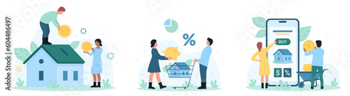 Real estate investment set vector illustration. Cartoon tiny people invest money in property and ownership, holding coins, shopping cart with home apartment, couple click on buy button in mobile app