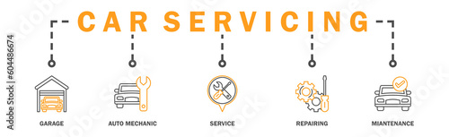 Car Servicing banner web icon vector illustration concept with icon of garage, auto mechanic, service, repairing, maintenance