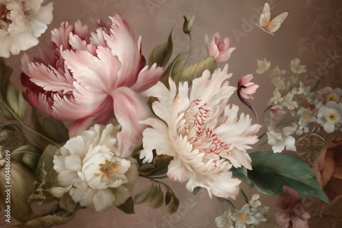 wallpaper delicate watercolor flower leaf peony seamless background elegant illustration design. Generative AI.