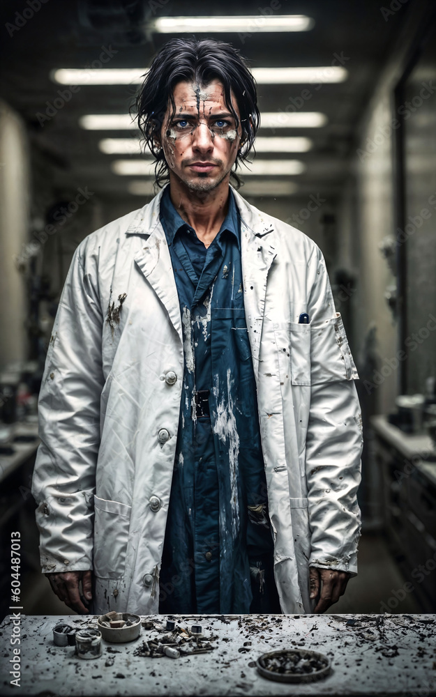 Fototapeta premium crazy researcher scientist in dirty white lab coat at dirty messy laboratory room, generative AI