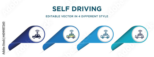 self driving icon in 4 different styles such as filled, color, glyph, colorful, lineal color. set of vector for web, mobile, ui