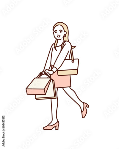 ショッパーを持つ女性。買い物を楽しむ女の子のイラスト素材。
