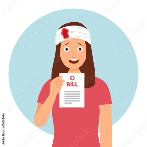 Woman patient surprised by expensive medical bill in flat design.