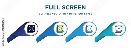 full screen icon in 4 different styles such as filled, color, glyph, colorful, lineal color. set of vector for web, mobile, ui