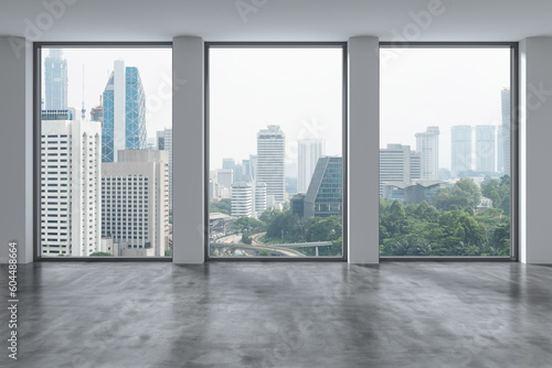 Downtown Kuala Lumpur City Skyline Buildings from High Rise Window. Beautiful Expensive Real Estate overlooking. Empty room Interior Skyscrapers View Malaysia. Day time. 3d rendering.