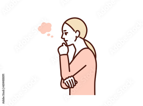 もやもやしている人。不安が拭えずイライラしている女性のイラスト素材。