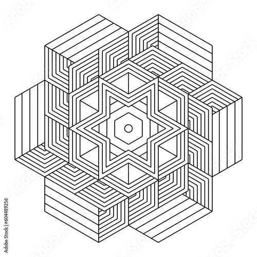 Easy Coloring Pages for Adults.Coloring Page of geometric abstract mandala. Simple mandala in a hexagon shape. EPS 8. #668
