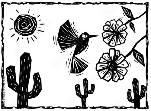 Hummingbird near a flower, cactus and the sun in the sky. Cordel literature woodcut style.