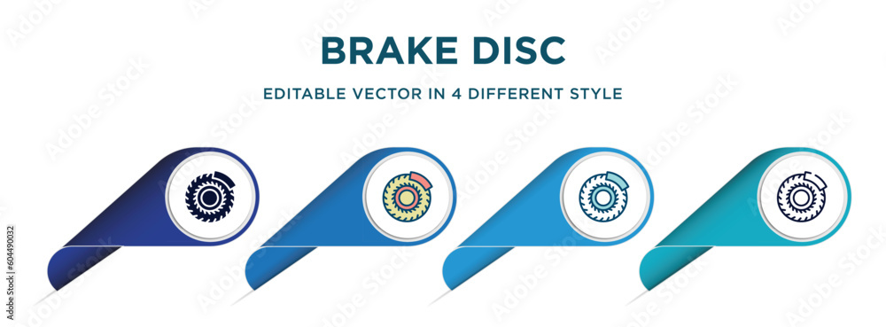 brake disc icon in 4 different styles such as filled, color, glyph, colorful, lineal color. set of vector for web, mobile, ui