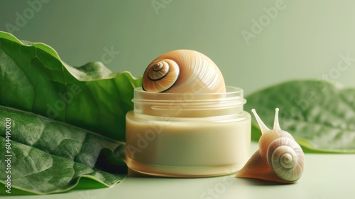 Cosmetic product with snail mucin in a glass jar, live snails, asian cosmetics, pastel green background. Natural organic skin care cosmetics based on snail mucus Generative AI photo
