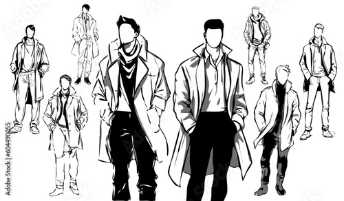 Urban Style fashion Inspiration, stylish Men sketches wearing casual fashionable coat