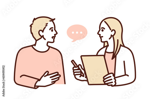 患者の話を聞くカウンセラー。相談する男性のイラスト素材。