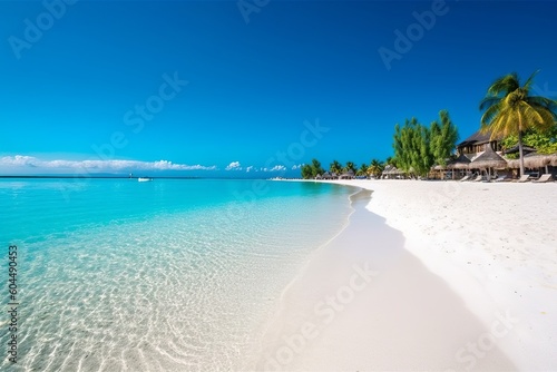 A sea beach with turquoise water and white sand created with Generative AI technology © mafizul_islam