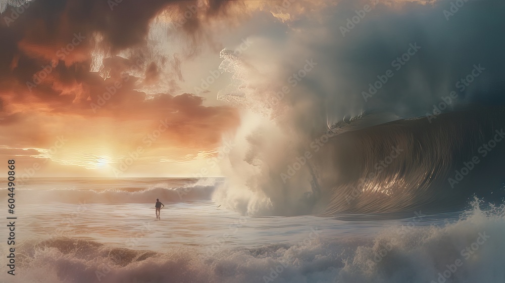 Obraz premium People bravely surfing giant waves at sunset, illustrating the beauty and thrill of the sport amid a stunning backdrop. Generative AI