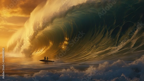 People bravely surfing giant waves at sunset, illustrating the beauty and thrill of the sport amid a stunning backdrop. Generative AI