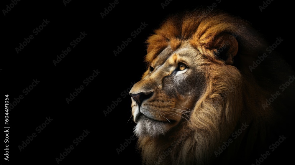 Head of aggressive lion looking lateral with copy space for advertisement. Space background for banner text. Generative AI