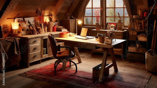Generative AI, Cozy Home Office with Rustic Charm