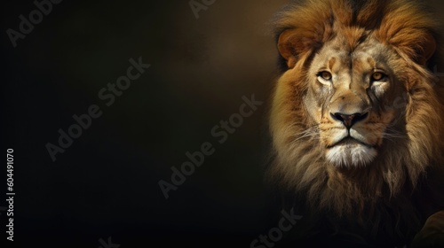 Head of aggressive lion looking lateral with copy space for advertisement. Space background for banner text. Generative AI photo