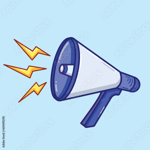 Blue and light gray colored megaphone outlined cartoon vector illustration isolated on square blue background. Simple flat art styled drawing.