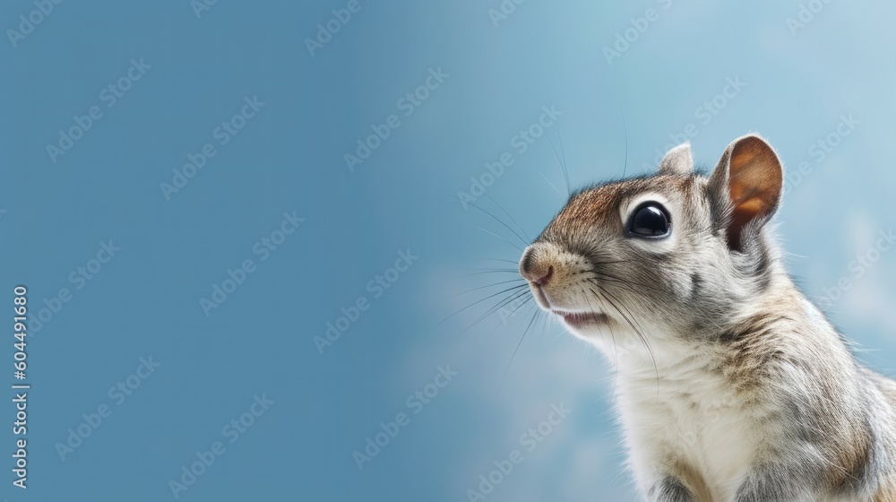 Obraz premium Head of furry Squirrel looking lateral with copy space for advertisement. Space background for banner text. Generative AI