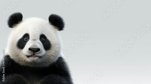 Head of furry panda looking lateral with copy space for advertisement. Space background for banner text. Generative AI