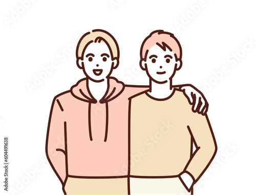 笑顔の男性二人。同性パートナーのベクターイラスト素材。